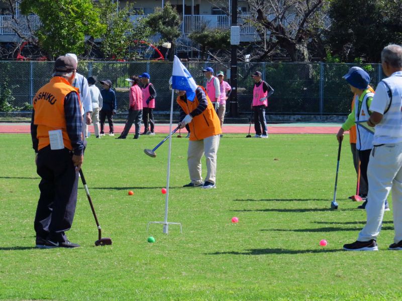 ホールポストへ向かってボールを打つ様子